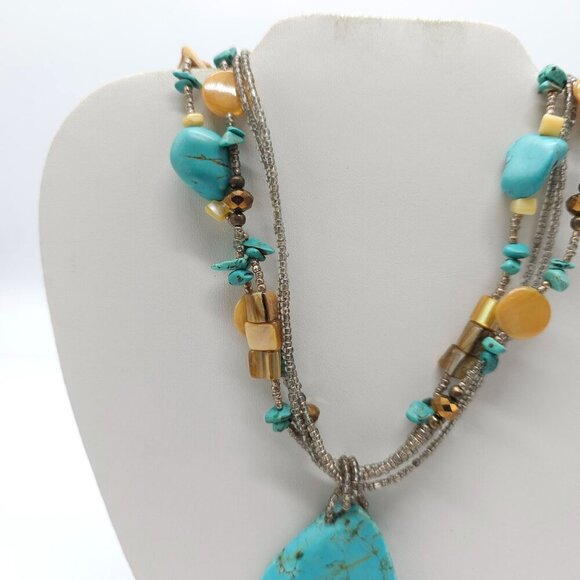 Turquoise Brown Multi-Strand Beaded Necklace With Stone Pendant By Laura Ashley - Picture 2 of 6